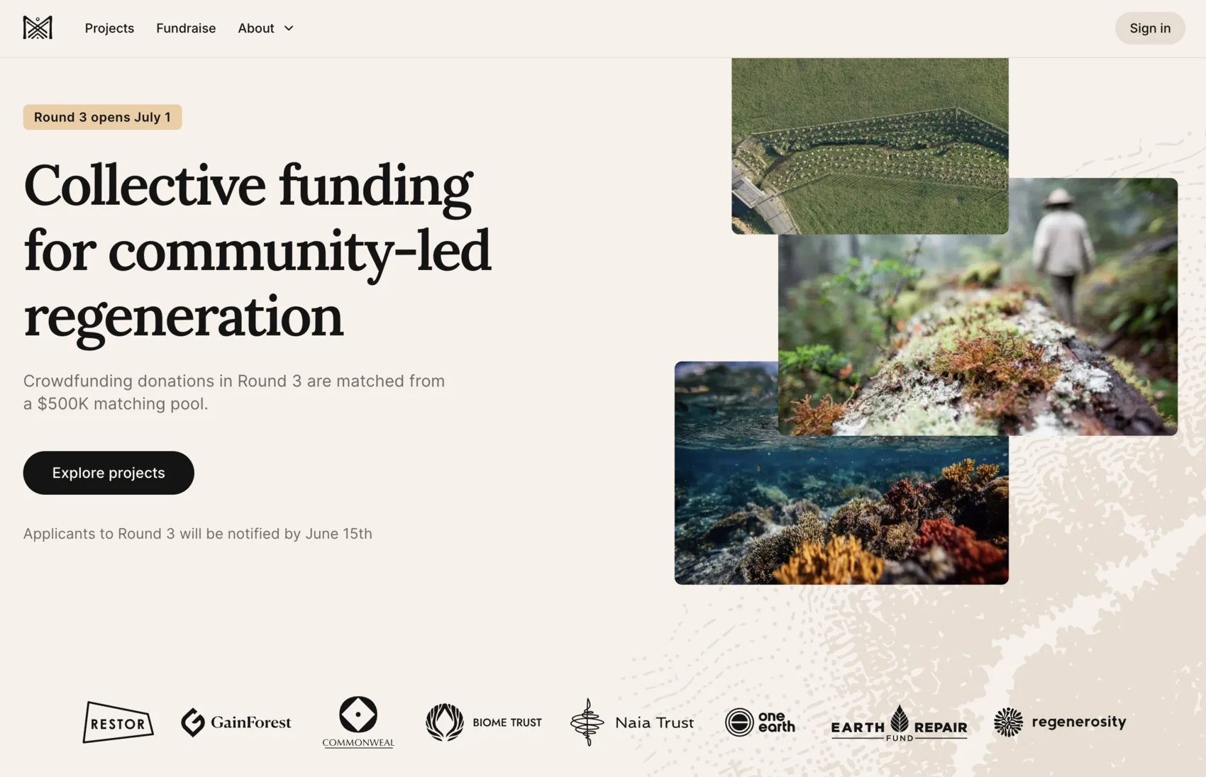 Ma Earth's collective funding page ; 'Collective funding for community-led regeneration', a $500,000 matching pool, with partners Restor, GainForest, One Earth and others.